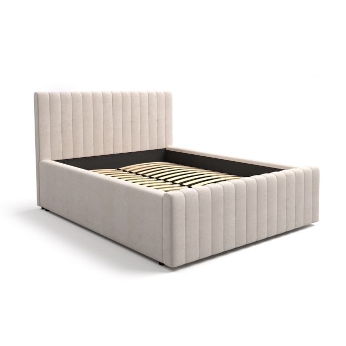 Lit double ELORIA 140x200 en tissu bouclé beige avec tête de lit capitonnée et sommier inclus