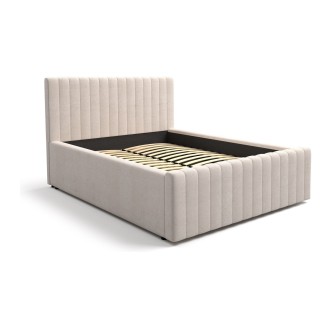 Tweepersoonsbed ELORIA 140x200 in beige bouclé stof met gecapitonneerd hoofdeinde en inclusief lattenbodem