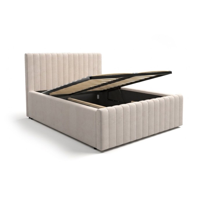 Lit coffre ELORIA 140x200 en tissu bouclé beige avec tête de lit capitonnée et sommier inclus
