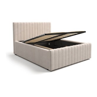Lit coffre ELORIA 140x200 en tissu bouclé beige avec tête de lit capitonnée et sommier inclus