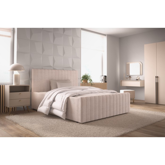 Lit coffre ELORIA 140x200 en tissu bouclé beige avec tête de lit capitonnée et sommier inclus