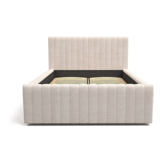 Lit coffre ELORIA 140x200 en tissu bouclé beige avec tête de lit capitonnée et sommier inclus
