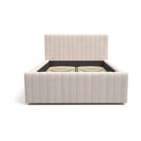 Lit coffre ELORIA 140x200 en tissu bouclé beige avec tête de lit capitonnée et sommier inclus