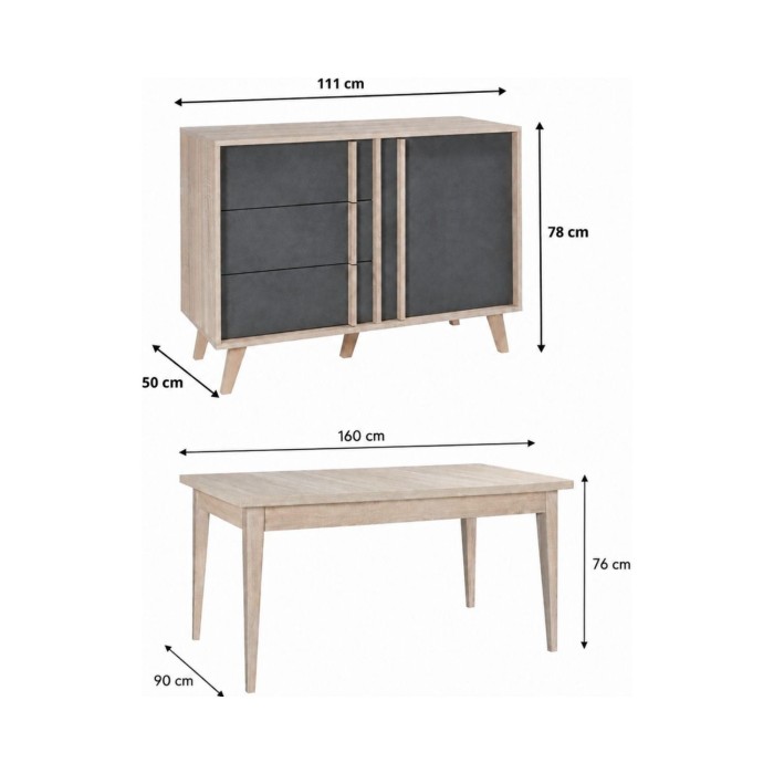 Ensemble MALMO gris : table 160cm et buffet haut dimensions