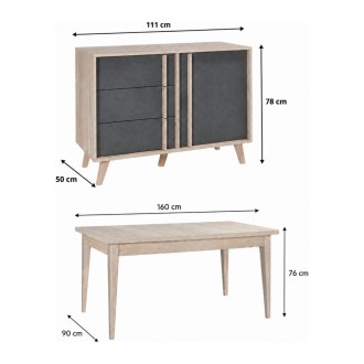 Eetkamer compleet MALMO met tafel 6 plaatsen 160cm en hoog buffet – Licht eiken en grijs