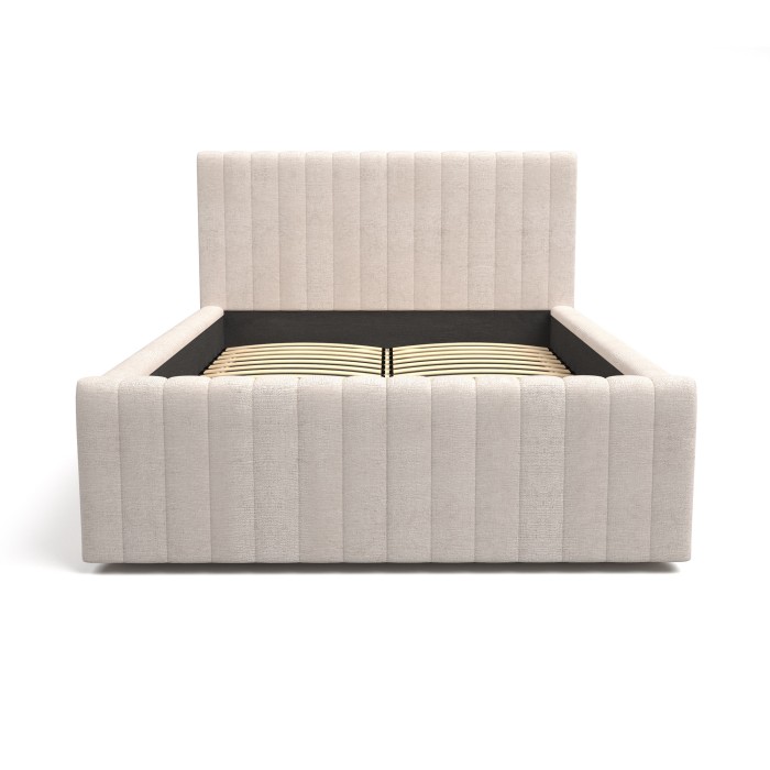 Lit double ELORIA 160x200 en tissu bouclé beige avec tête de lit capitonnée et sommier inclus