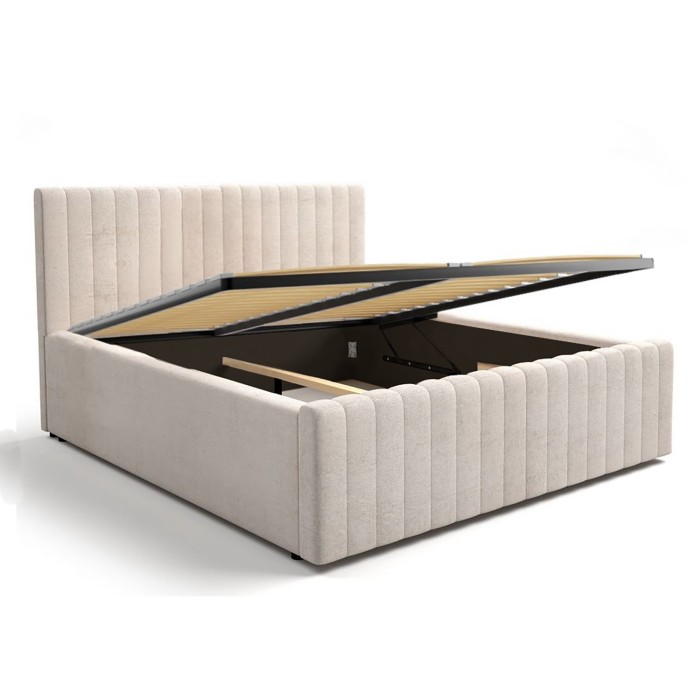 Lit coffre ELORIA 160x200 en tissu bouclé beige avec tête de lit capitonnée et sommier inclus