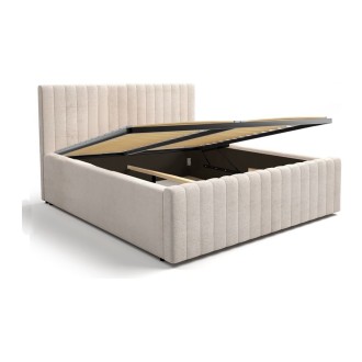 Lit coffre ELORIA 160x200 in beige bouclé Stoff mit gepolstertem Kopfteil und Lattenrost inklusive