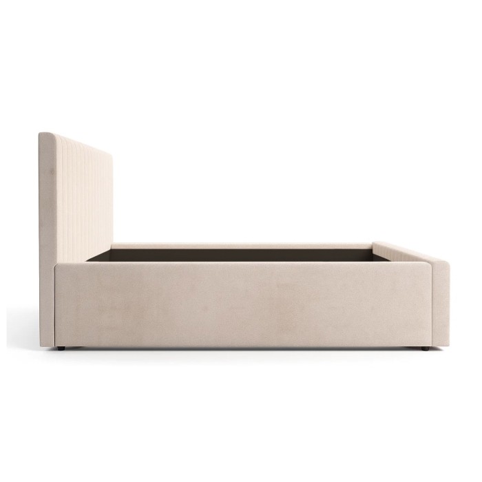 Lit coffre ELORIA 160x200 en tissu bouclé beige avec tête de lit capitonnée et sommier inclus