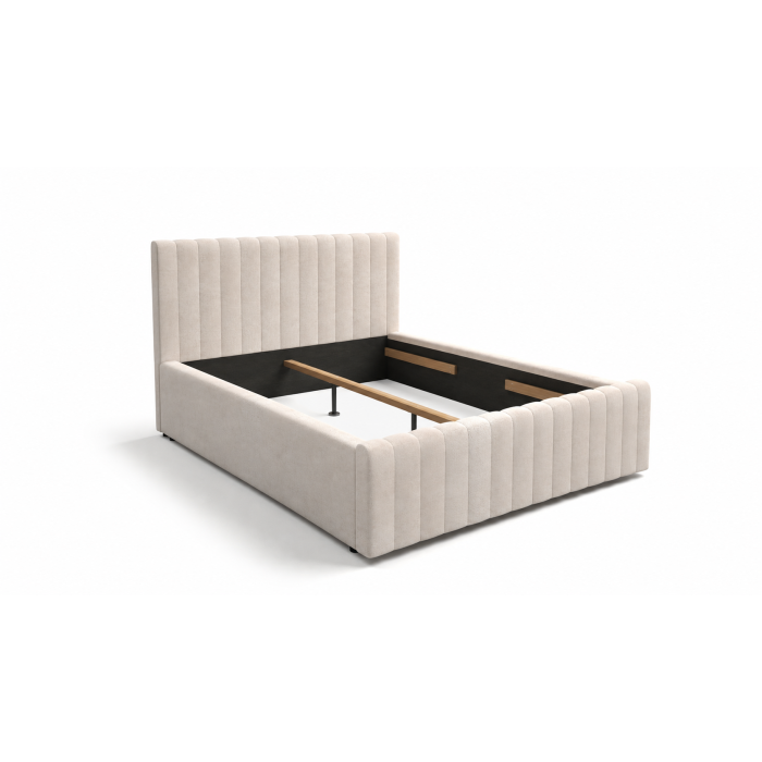 Lit double ELORIA 180x200 en tissu bouclé beige avec tête de lit capitonnée
