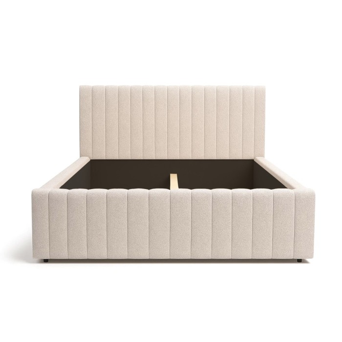 Lit double ELORIA 180x200 en tissu bouclé beige avec tête de lit capitonnée