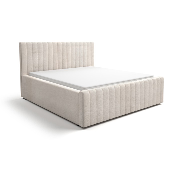 Lit double ELORIA 180x200 en tissu bouclé beige avec tête de lit capitonnée