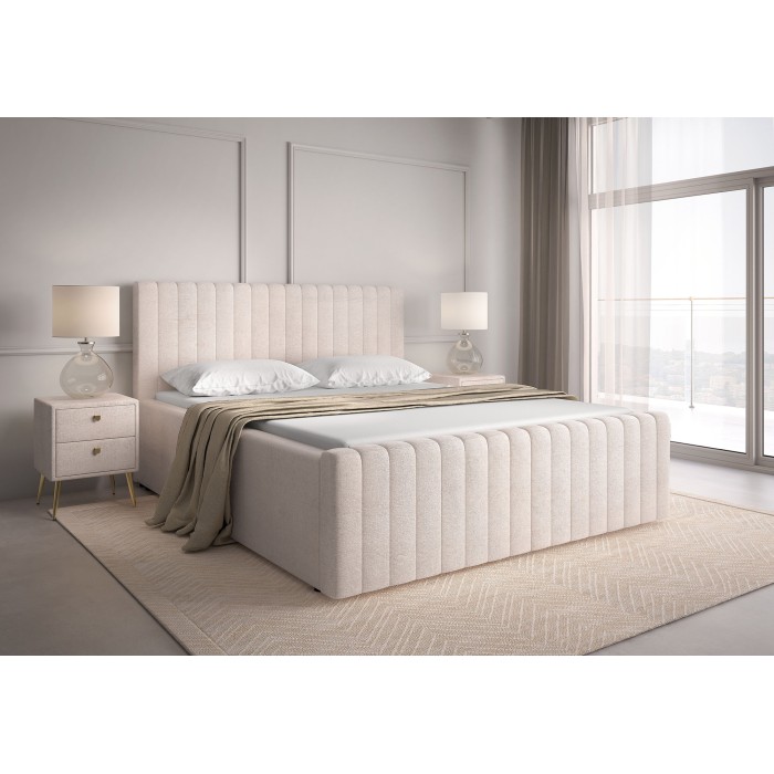 Lit double ELORIA 180x200 en tissu bouclé beige avec tête de lit capitonnée