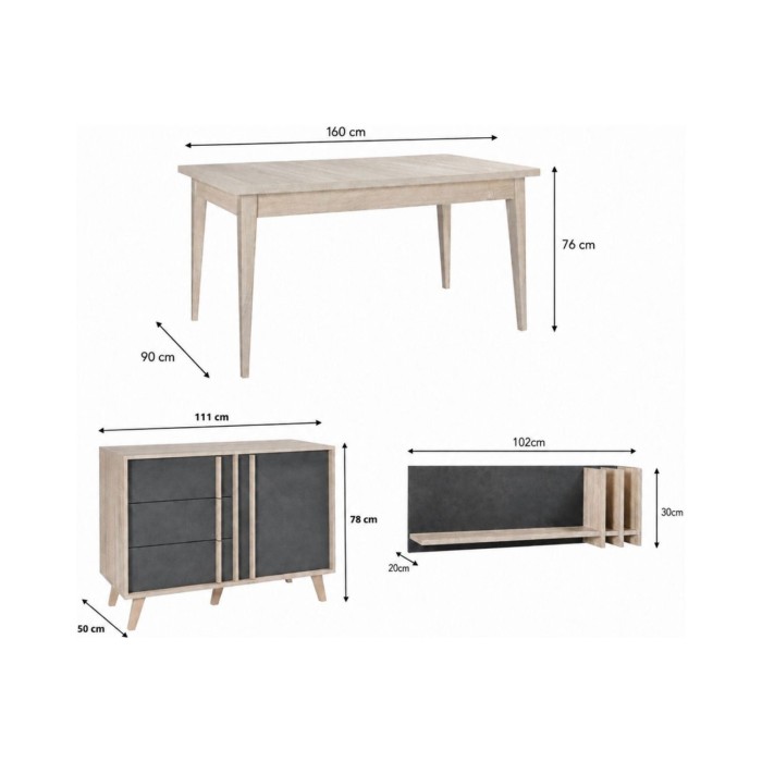 Ensemble de salle à manger complète MALMO gris : table 160cm, étagère murale et buffet haut dimensions