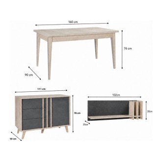 Ensemble de salle à manger complète MALMO gris : table 160cm, étagère murale et buffet haut dimensions