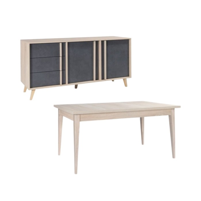 Ensemble MALMO gris : table 160cm et buffet 165cm