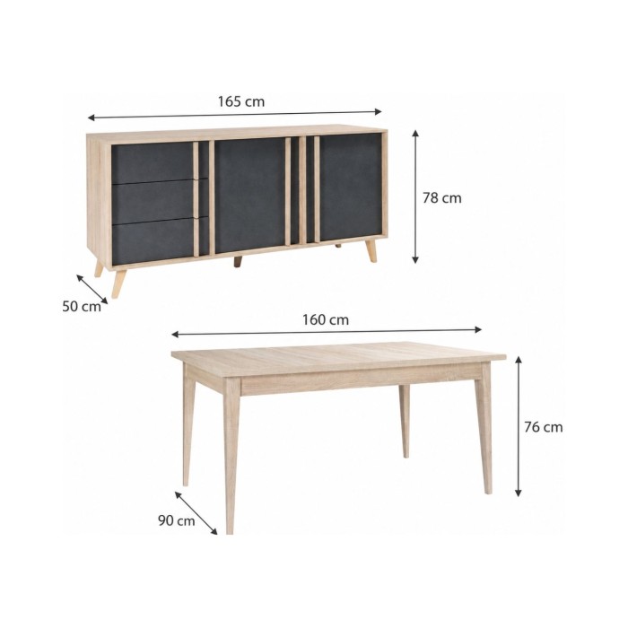 Ensemble MALMO gris : table 160cm et buffet 165cm dimensions