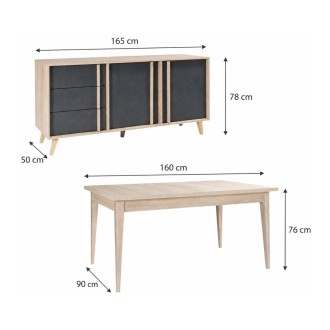 Ensemble MALMO gris : table 160cm et buffet 165cm dimensions