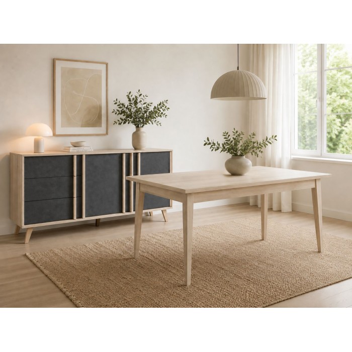 Ensemble MALMO gris : table 160cm, buffet 165cm et étagère murale vu sans l'étagère