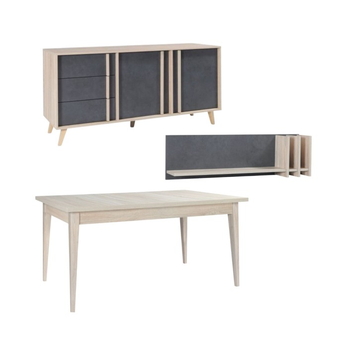 Ensemble MALMO gris : table 160cm, buffet 165cm et étagère murale