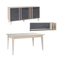 Ensemble MALMO gris : table 160cm, buffet 165cm et étagère murale