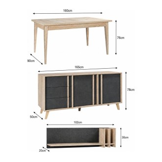 Ensemble MALMO gris : table 160cm, buffet 165cm et étagère murale dimensions