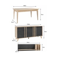 Ensemble MALMO gris : table 160cm, buffet 165cm et étagère murale dimensions
