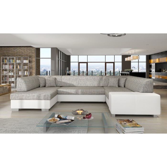 Canapé panoramique en U Gris & Blanc convertible 6 places HAVANE avec coffre à literie
