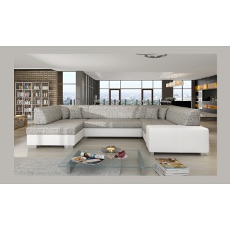 Canapé panoramique en U Gris & Blanc convertible 6 places HAVANE avec coffre à literie