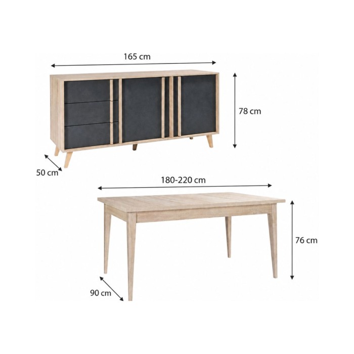 copy of Sala da pranzo completa MALMO con tavolo allungabile 6 posti e buffet alto - Rovere chiaro e grigio
