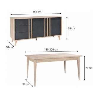 Esszimmer-Set MALMO mit ausziehbarem Tisch 180-220 cm und Sideboard 165 cm – Eichenholz hell und grau
