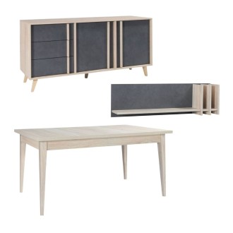 Ensemble MALMO gris : table extensible, buffet 165cm et étagère murale