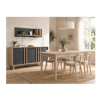 Ensemble MALMO gris : table extensible, buffet 165cm et étagère murale mis en situation