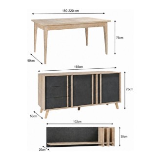 Sala da pranzo completa MALMO con tavolo allungabile 180-220 cm, buffet 165 cm e mensola da muro – Rovere chiaro e grigio