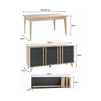 Ensemble MALMO gris : table extensible, buffet 165cm et étagère murale dimensions