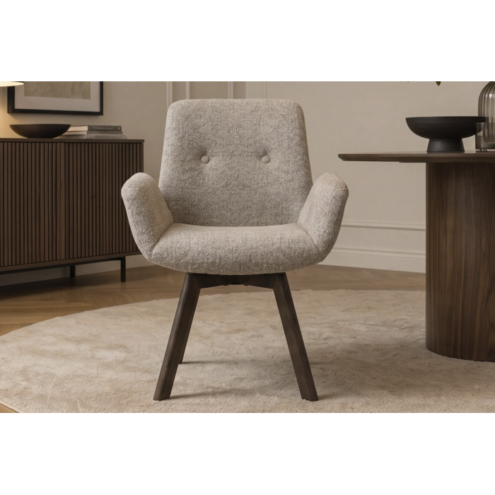 Lot de 2 chaises design SORRANO pivotantes à 360° en tissu tweed taupe et pieds en chêne foncé