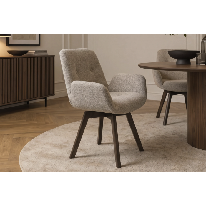 Lot de 2 chaises design SORRANO pivotantes à 360° en tissu tweed taupe et pieds en chêne foncé