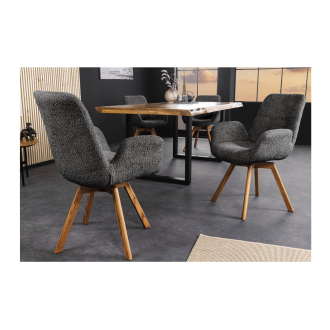 Lot von 2 SORRANO Designstühlen, 360° drehbar, in dunkelgrauem Bouclé-Stoff und mit hellen Eichenfüßen
