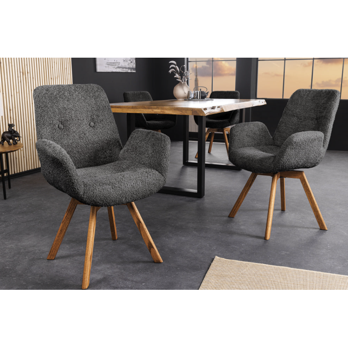 Lot von 2 SORRANO Designstühlen, 360° drehbar, in dunkelgrauem Bouclé-Stoff und mit hellen Eichenfüßen