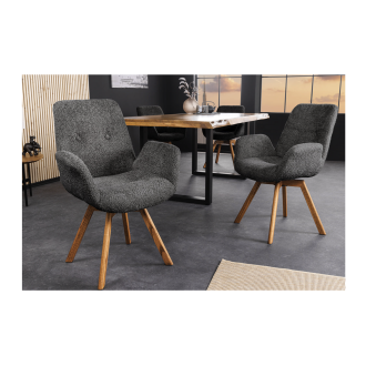 Lot von 2 SORRANO Designstühlen, 360° drehbar, in dunkelgrauem Bouclé-Stoff und mit hellen Eichenfüßen
