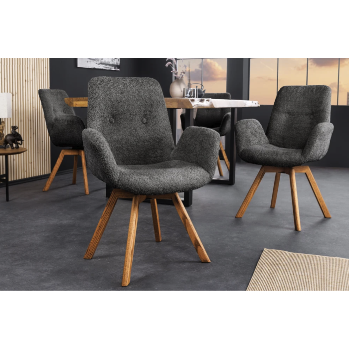 Lot von 2 SORRANO Designstühlen, 360° drehbar, in dunkelgrauem Bouclé-Stoff und mit hellen Eichenfüßen