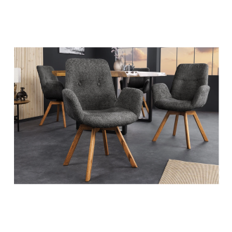 Lot von 2 SORRANO Designstühlen, 360° drehbar, in dunkelgrauem Bouclé-Stoff und mit hellen Eichenfüßen