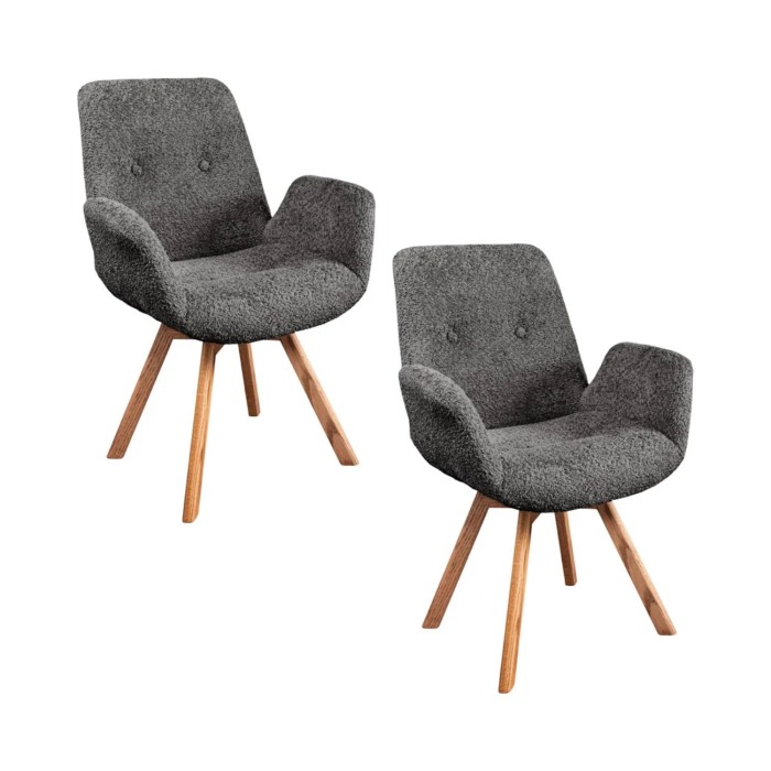 Lot von 2 SORRANO Designstühlen, 360° drehbar, in dunkelgrauem Bouclé-Stoff und mit hellen Eichenfüßen