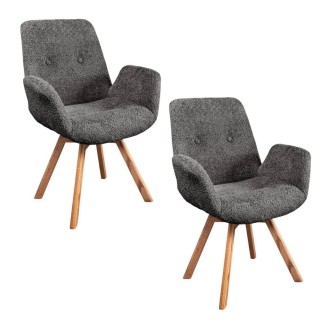 Lot von 2 SORRANO Designstühlen, 360° drehbar, in dunkelgrauem Bouclé-Stoff und mit hellen Eichenfüßen