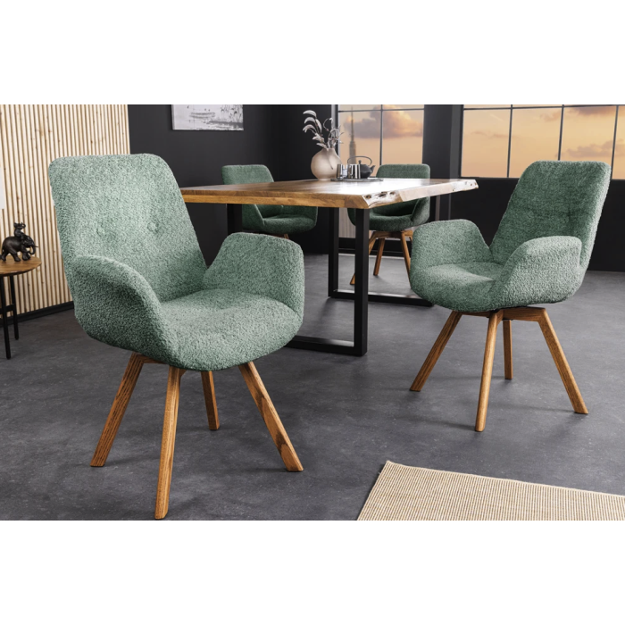 Lot de 2 chaises design SORRANO pivotantes à 360° en tissu bouclette vert menthe et pieds en chêne clair