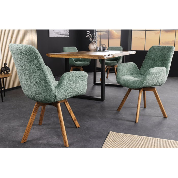 Lot de 2 chaises design SORRANO pivotantes à 360° en tissu bouclette vert menthe et pieds en chêne clair