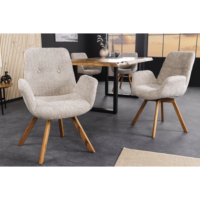 Lot de 2 chaises design SORRANO pivotantes à 360° en tissu bouclette beige et pieds en chêne clair