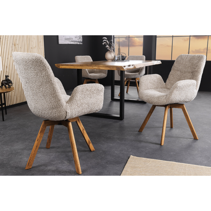 Lot de 2 chaises design SORRANO pivotantes à 360° en tissu bouclette beige et pieds en chêne clair