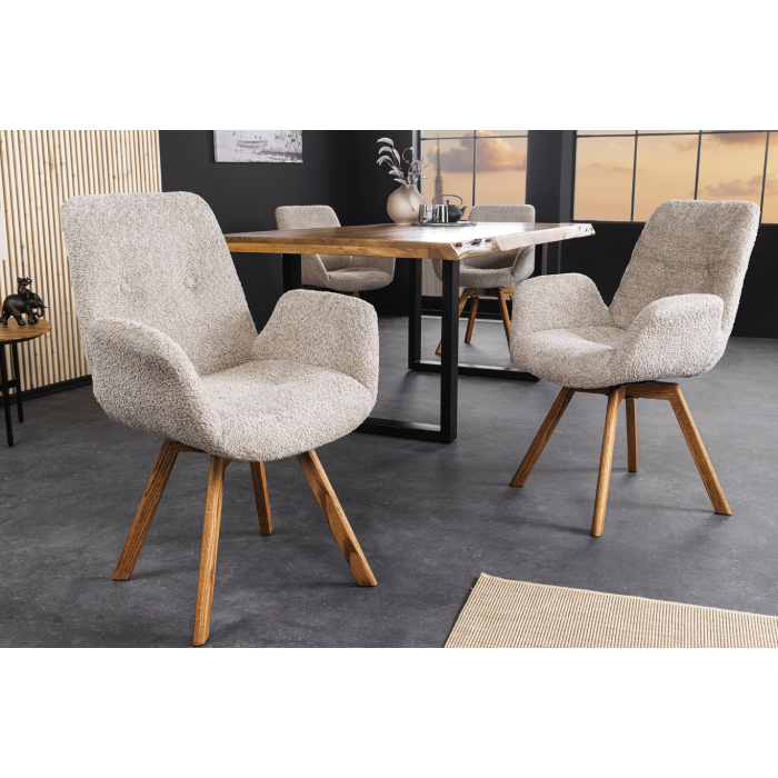 Lot de 2 chaises design SORRANO pivotantes à 360° en tissu bouclette beige et pieds en chêne clair
