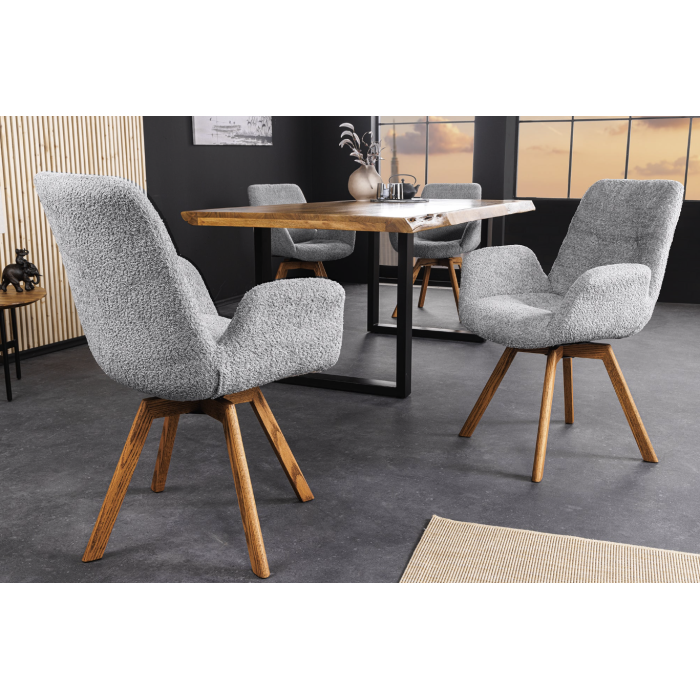 Lot de 2 chaises design SORRANO pivotantes à 360° en tissu bouclette gris clair et pieds en chêne clair